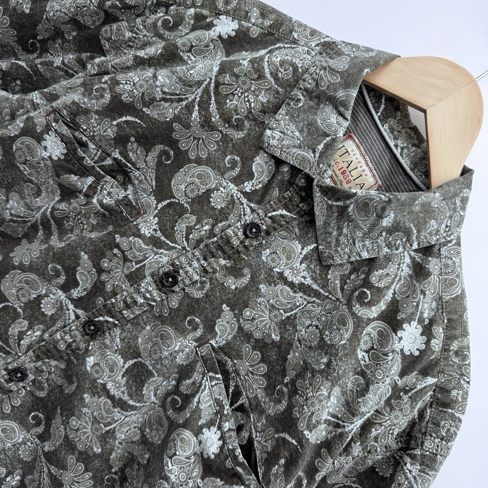 Vintage Italia c.1958 Men XL Shirt Gray Paisley Pattern Button Up Long Sleeve